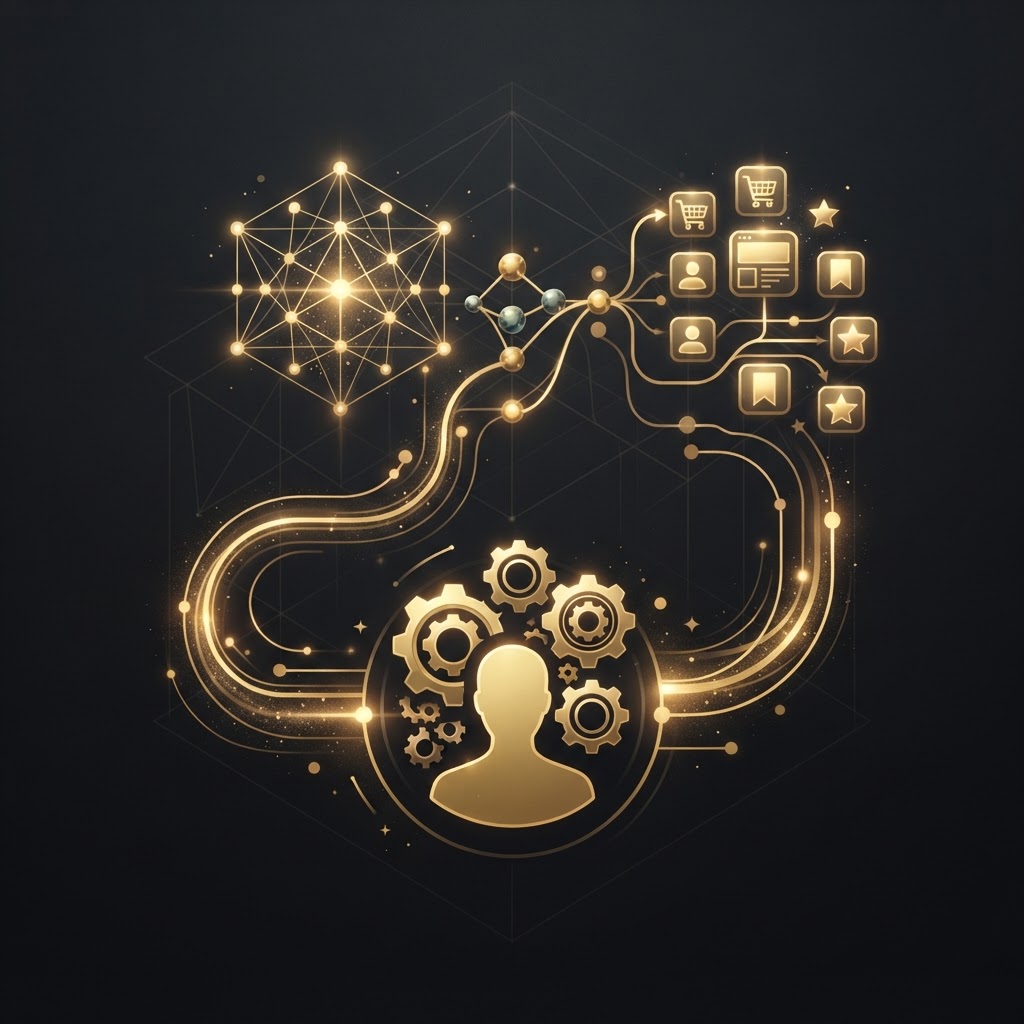 AI-driven website personalization — golden user profile with gear cogs and data flow lines on dark charcoal representing personalized user experiences