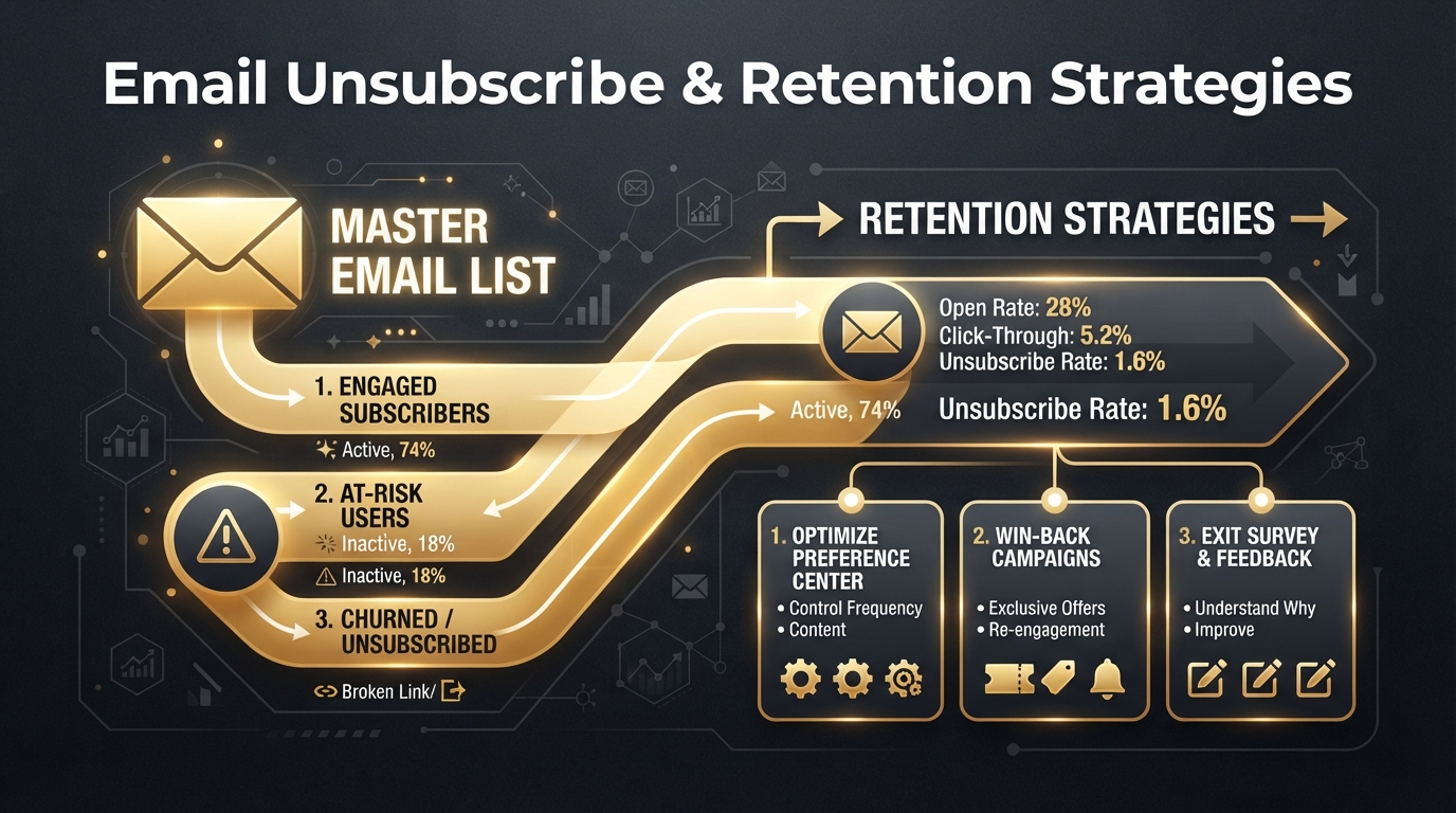 Golden email list with engagement metrics, segmentation icons, and retention strategies on dark charcoal background representing email unsubscribe rate reduction