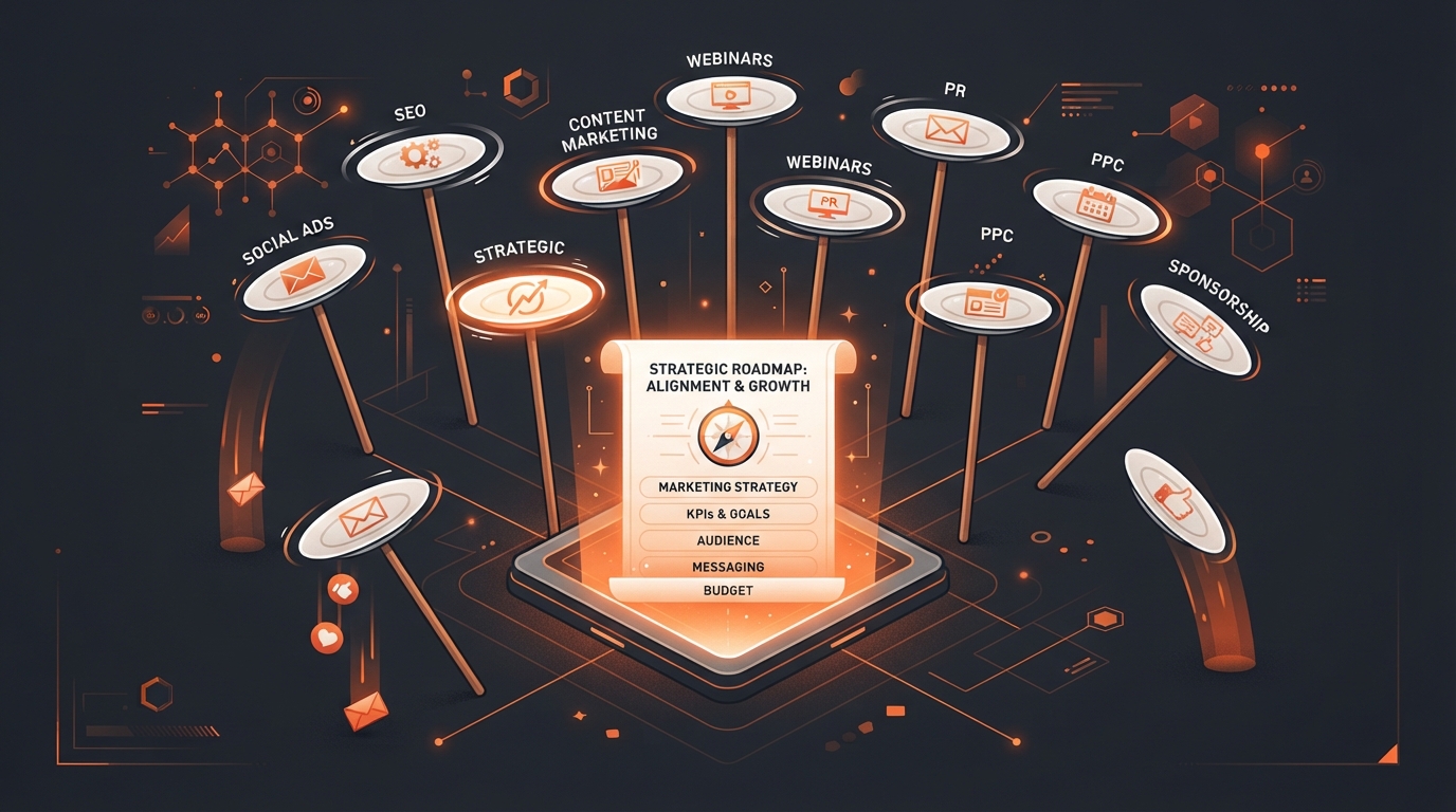 The marketing tactic trap — multiple spinning plates on poles representing disconnected marketing tactics with a strategic roadmap document in the center, on dark charcoal background with ember-orange accents