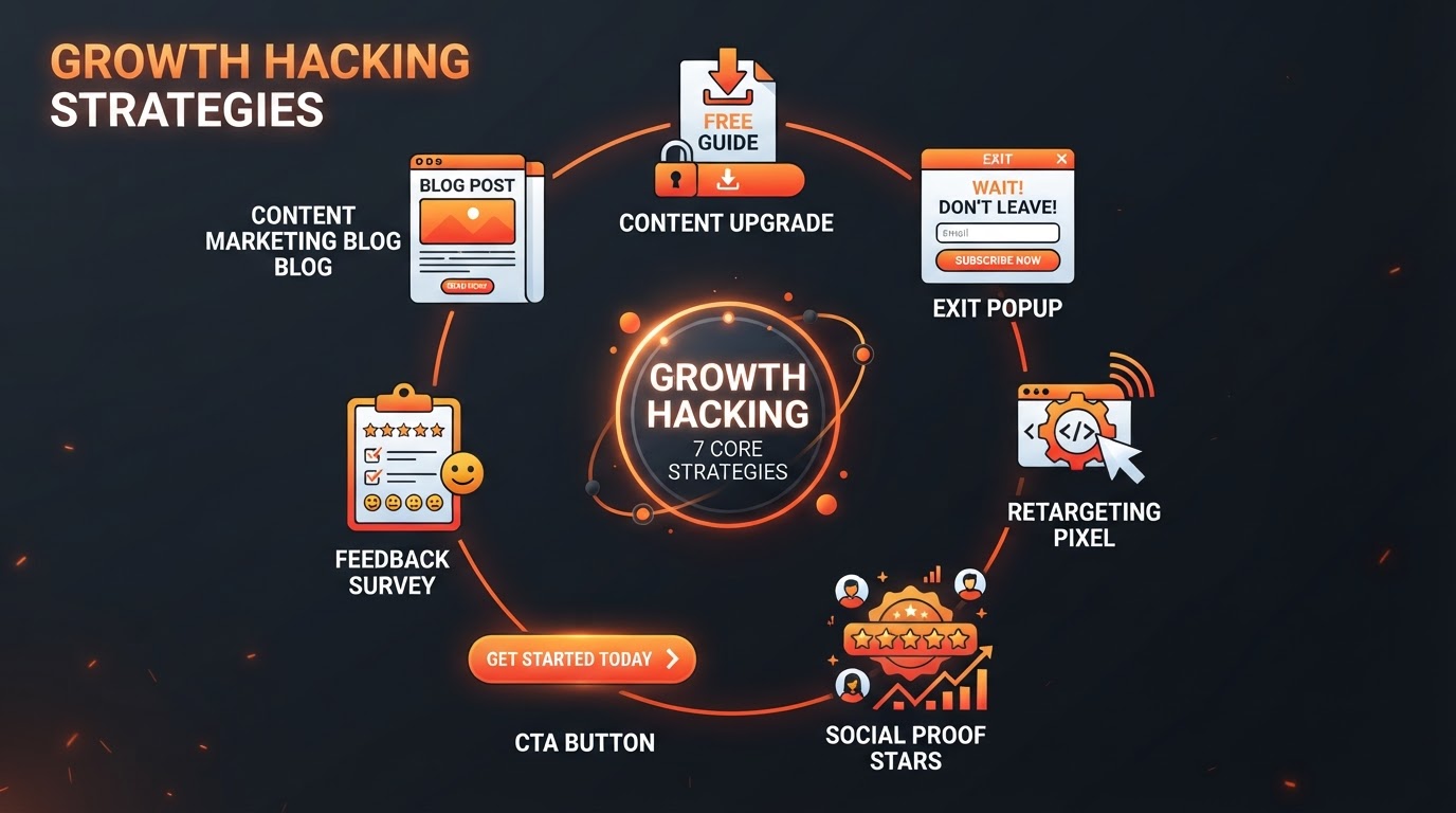 Seven growth hack icons in a circle — content upgrade, exit popup, retargeting pixel, social proof stars, CTA button, feedback survey and content marketing — on dark charcoal with ember-orange accents