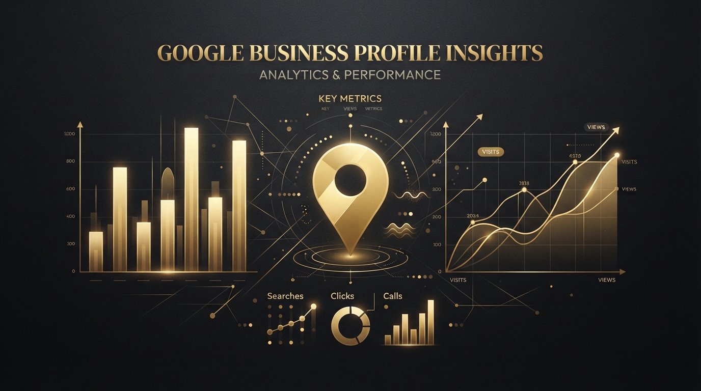 Google Business Profile insights dashboard showing golden bar charts, line graphs, and a map pin with data points representing search performance metrics