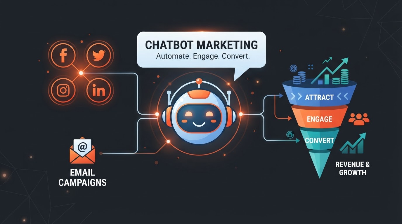 Chatbot marketing concept illustration showing a friendly robot head with speech bubbles connected to social media icons, email, and a sales funnel on dark charcoal with ember-orange accents
