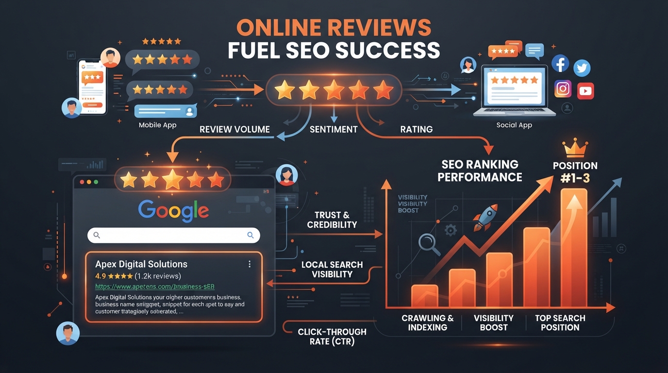 Connection between online reviews and SEO rankings illustration showing star ratings feeding into a Google search results page with a rising bar chart on dark charcoal with ember-orange accents