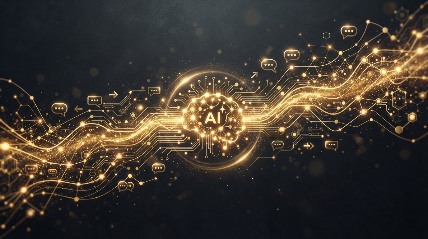 How To Elevate Customer Experience With AI — golden neural network nodes and chat bubbles with sparkles on dark charcoal representing AI-powered customer service