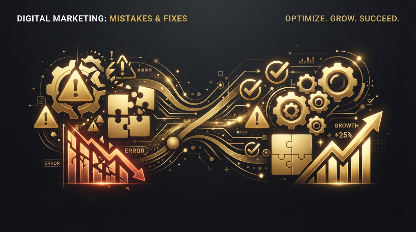 10 Most Common Digital Marketing Mistakes — golden warning icons, gears, and chart graphs on dark charcoal representing marketing mistakes and fixes