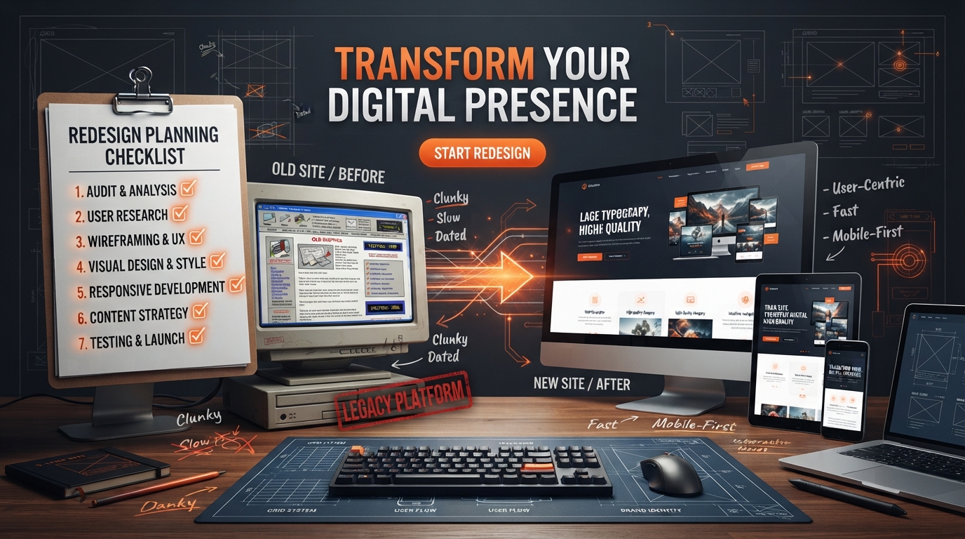 Website redesign planning concept showing before-and-after website transformation with old outdated site on left and modern responsive site on right, checklist with 7 items and wireframe elements on dark charcoal with ember-orange accents