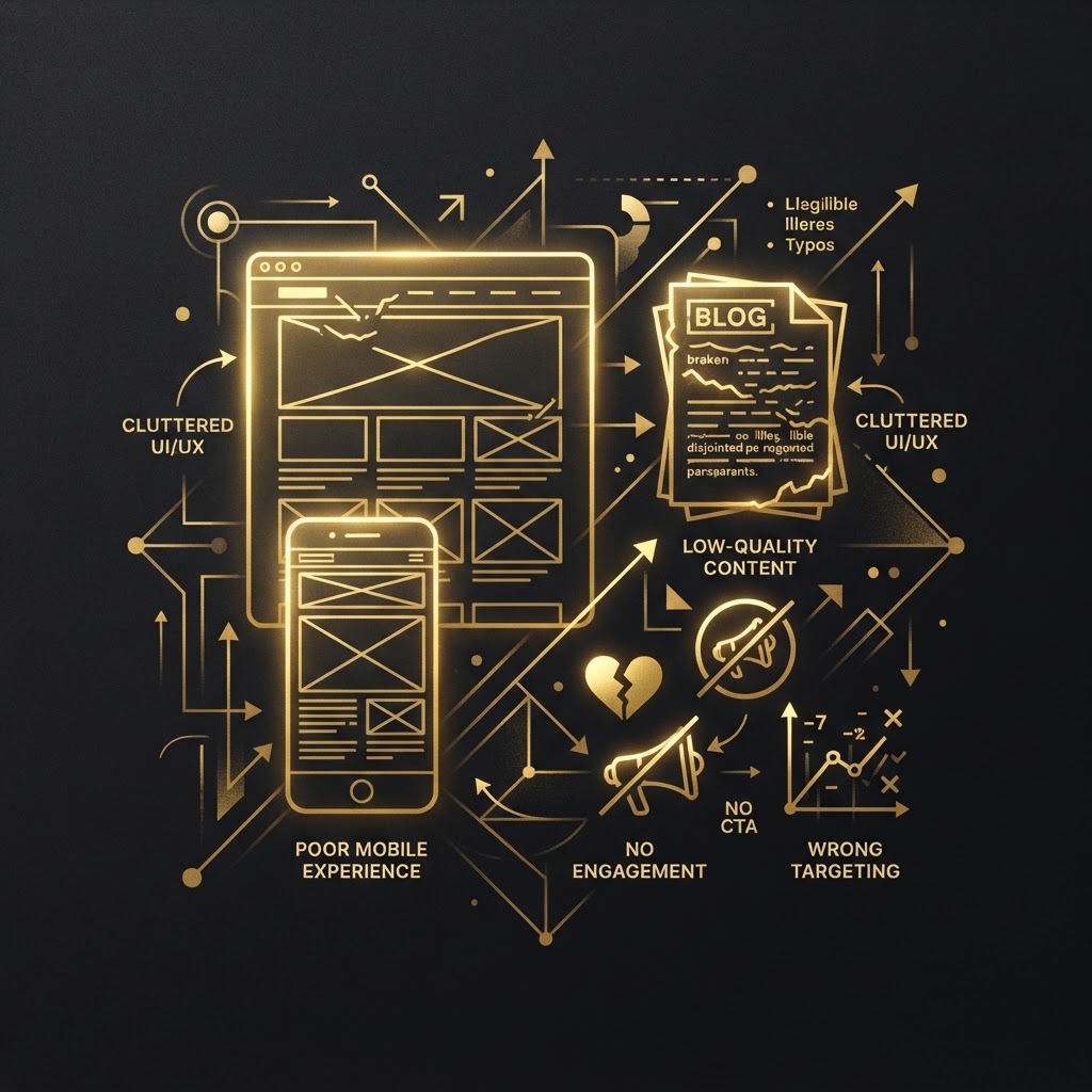 Common digital marketing mistakes — golden website wireframe with mobile responsive design and social engagement icons on dark charcoal representing marketing strategy fixes