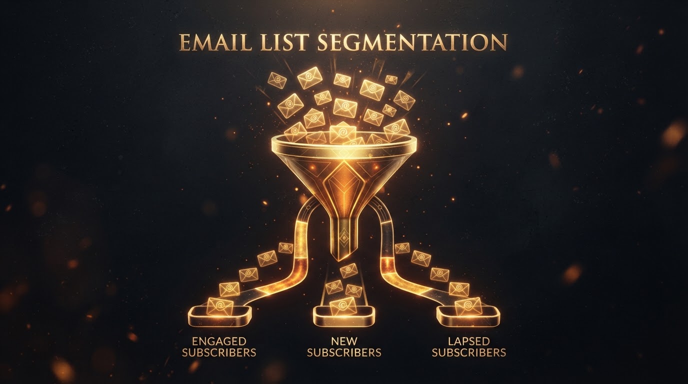 Email list segmentation — golden filter funnel with envelope icons on dark charcoal representing targeted email marketing segmentation strategy