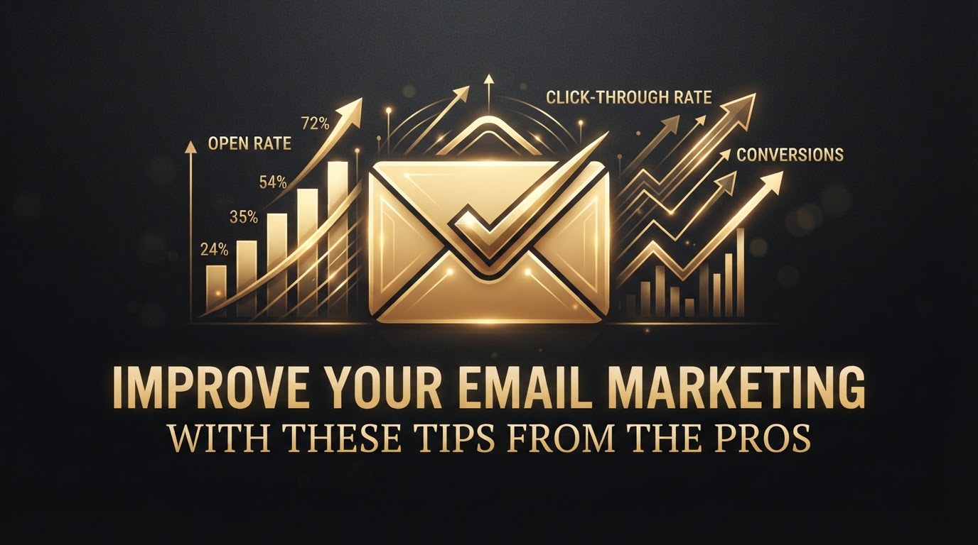 Improve Your Email Marketing With These Tips From The Pros — golden email envelope icon with golden analytics lines and open rate bar charts trending upward on dark charcoal representing email marketing optimization and engagement