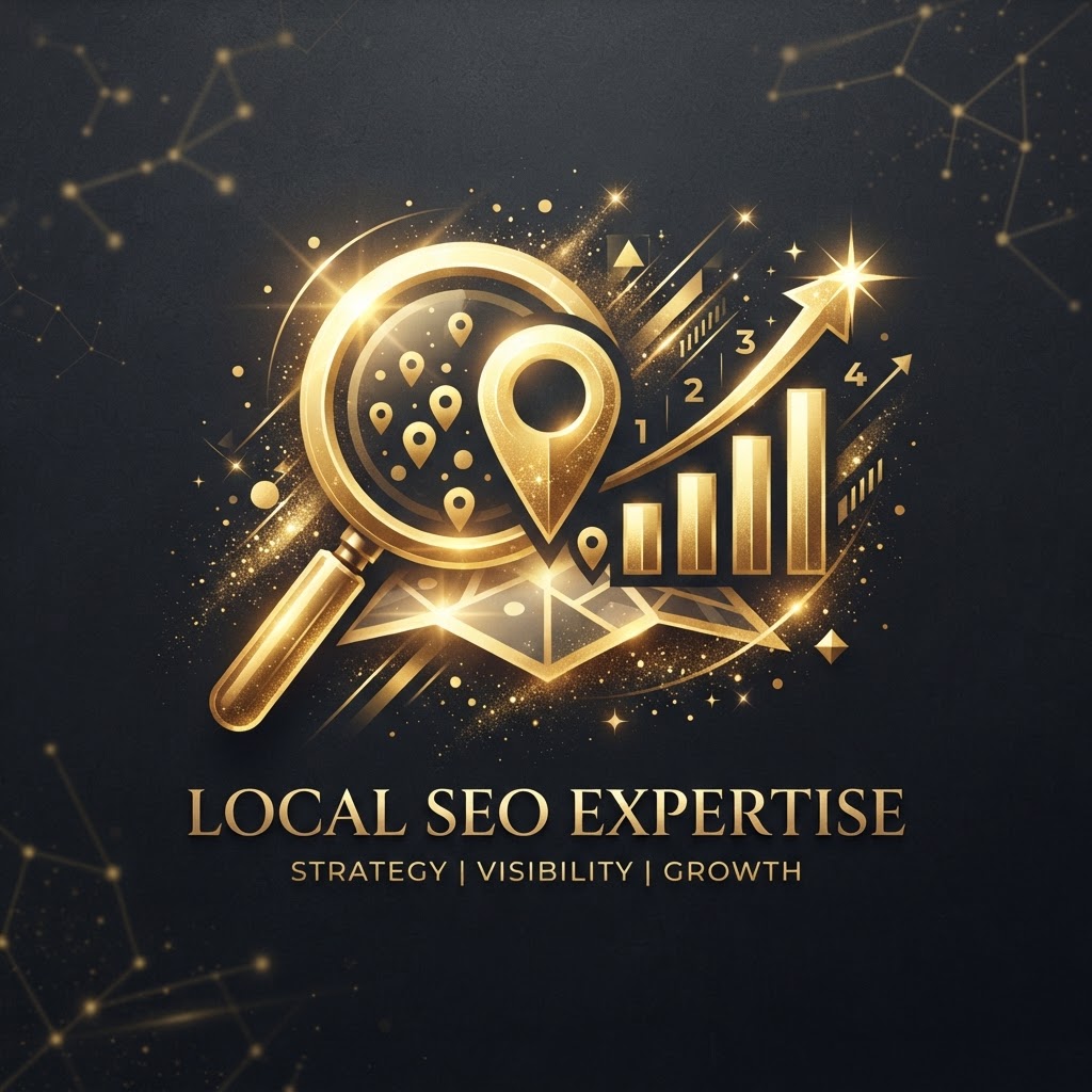Local SEO expertise and search visibility — golden magnifying glass and ranking chart with sparkles on dark charcoal representing professional SEO strategy