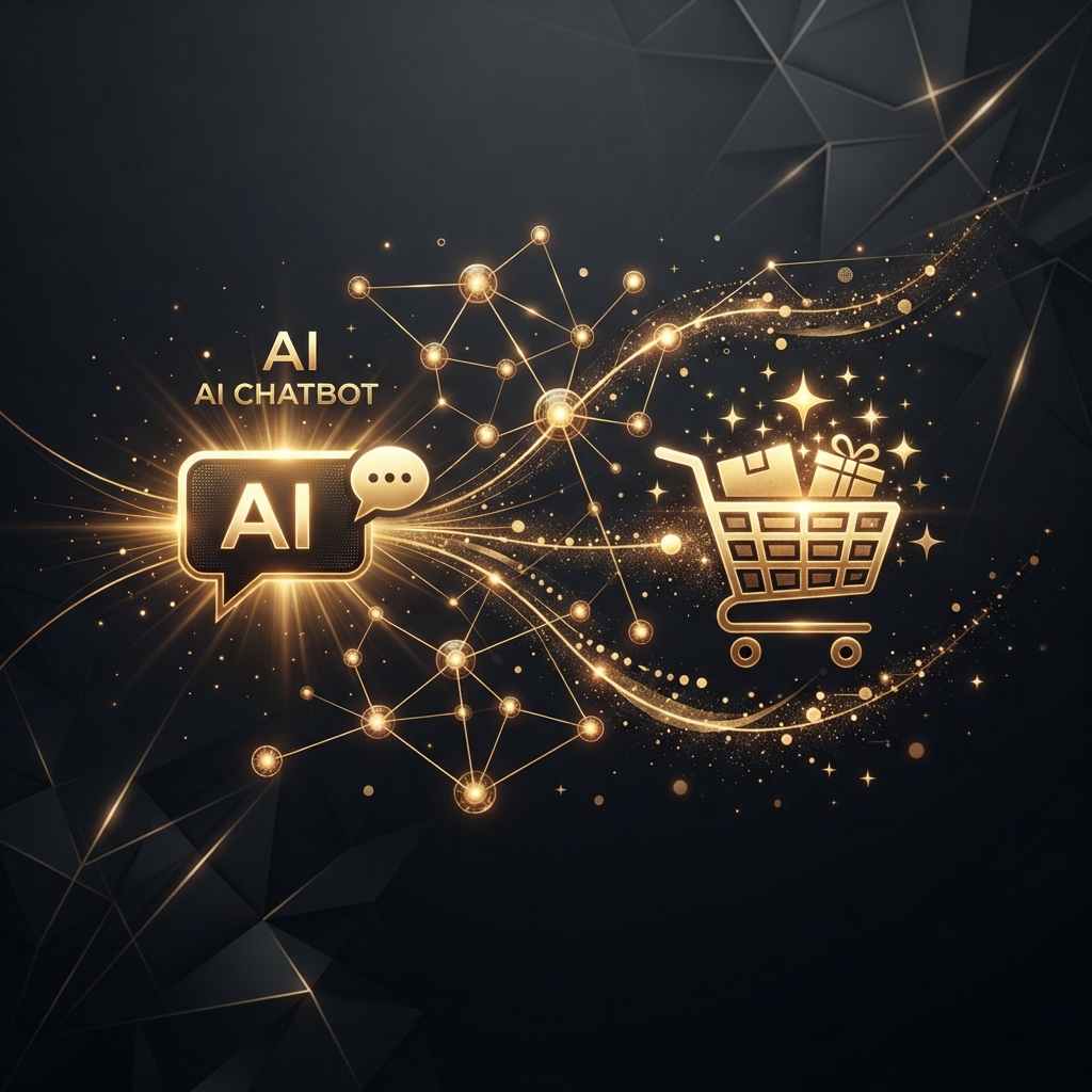 AI chatbots and personalized customer recommendations — golden chat interface and neural network nodes with sparkles on dark charcoal representing AI-driven customer experience