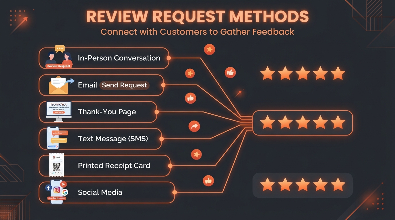 Six review request method icons — in-person conversation, email, thank-you page, text message, printed receipt card and social media — connected to five-star rating symbols on dark charcoal with ember-orange accents