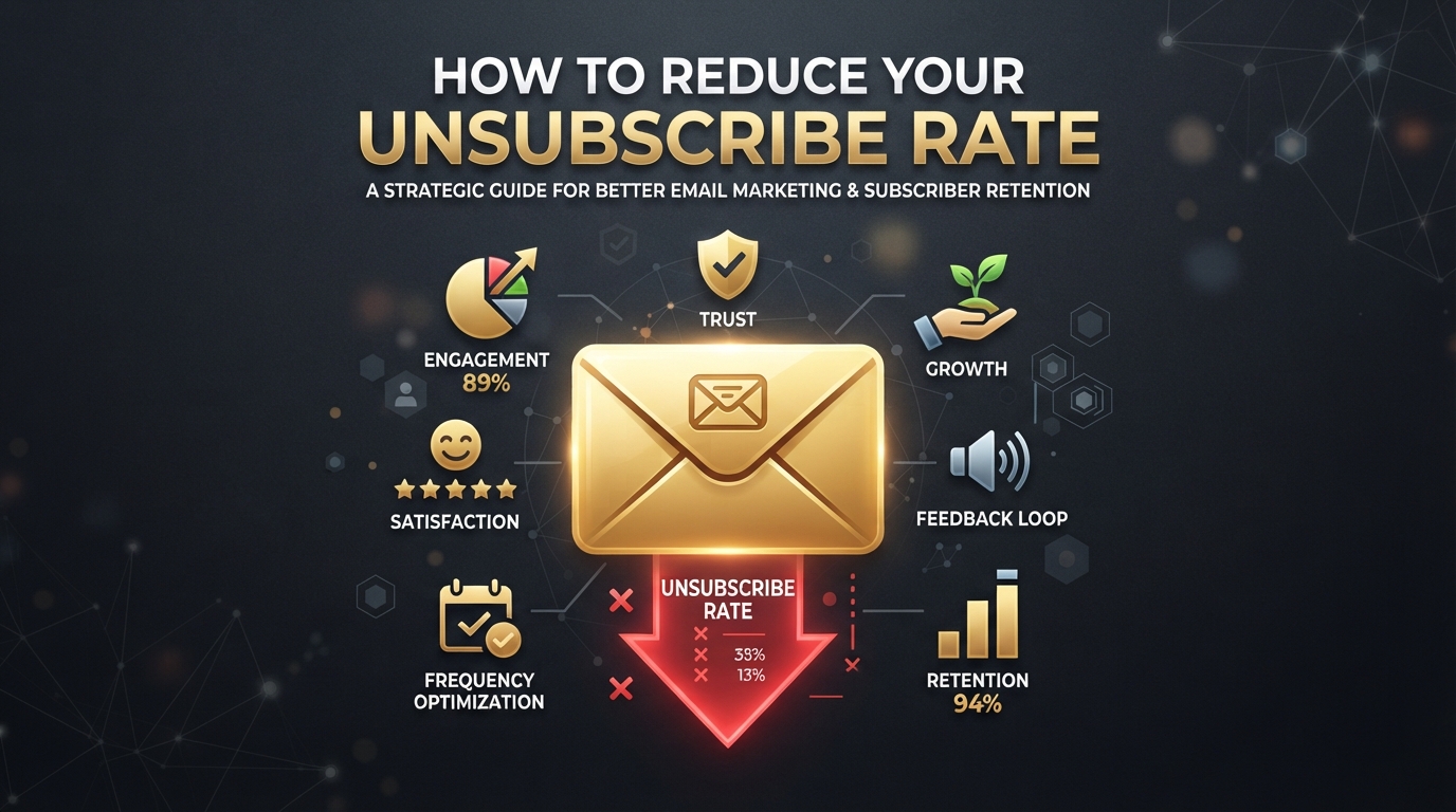 How To Reduce Your Unsubscribe Rate — golden email envelope with subscriber retention icons and downward unsubscribe arrow on dark charcoal representing email list retention