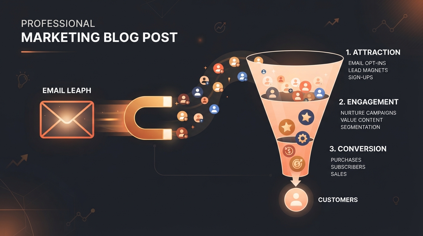 Email lead capture strategies illustration showing an envelope morphing into a magnet attracting subscriber icons with a conversion funnel on dark charcoal with ember-orange accents