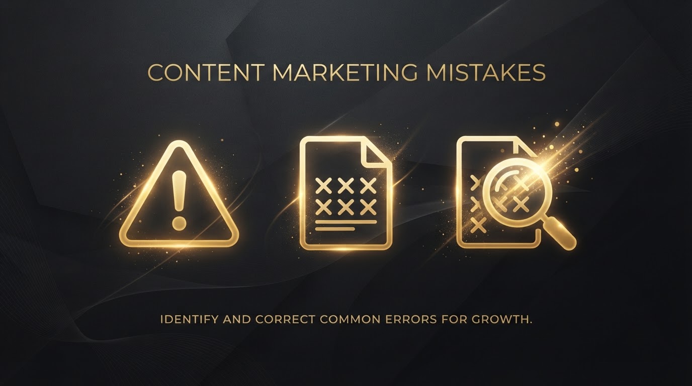 5 Content Marketing Mistakes That Cost You Customers — golden warning triangle, document with X marks, and magnifying glass icons on dark charcoal representing content marketing errors