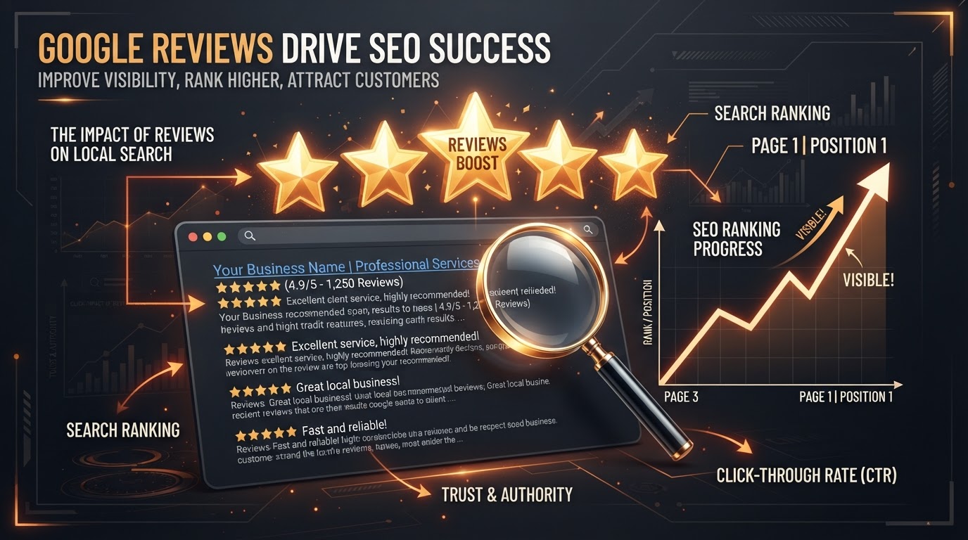 Connection between Google reviews and SEO showing five gold stars floating above a Google search results page with review snippets and a rising SEO ranking chart on dark charcoal with ember-orange and gold accents