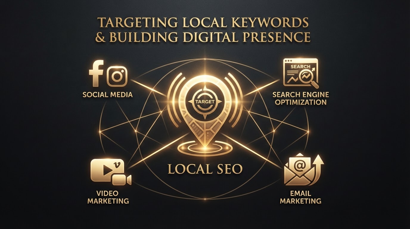 Golden local SEO map pin with digital marketing channel icons connected by golden lines on dark charcoal representing targeting local keywords for small business digital marketing