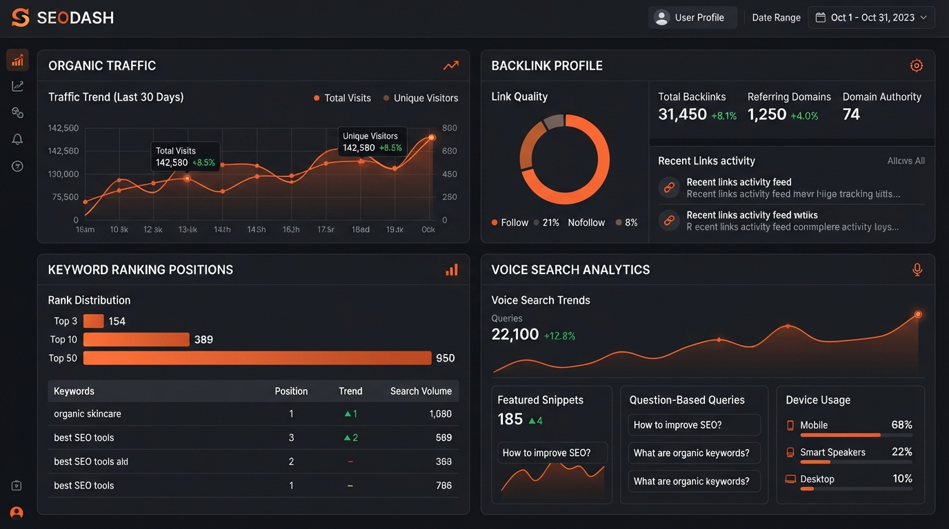 SEO metrics tracking dashboard showing organic traffic graphs, keyword ranking positions, backlink profile and voice search analytics on dark charcoal with ember-orange accents
