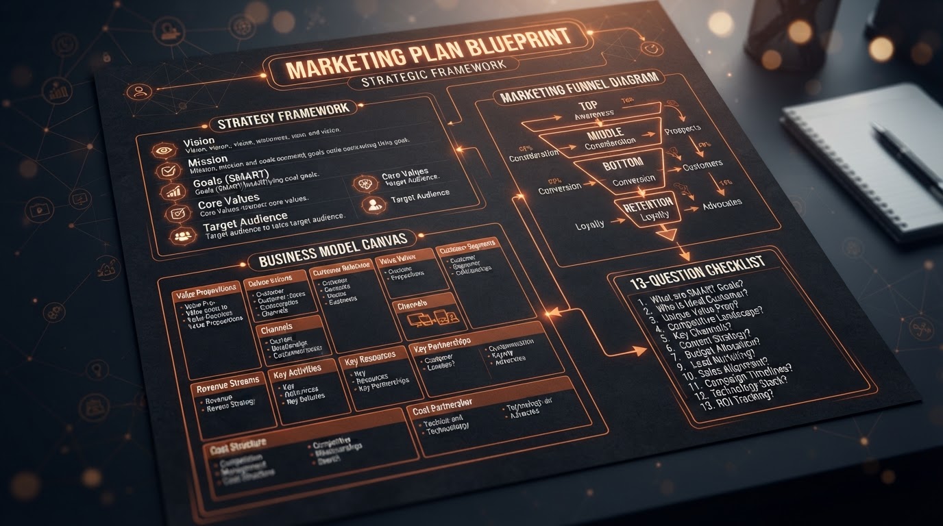 Marketing plan blueprint concept showing a document with strategy framework, 13 questions checklist, marketing funnel diagram, business model canvas, on dark charcoal background with ember-orange accents