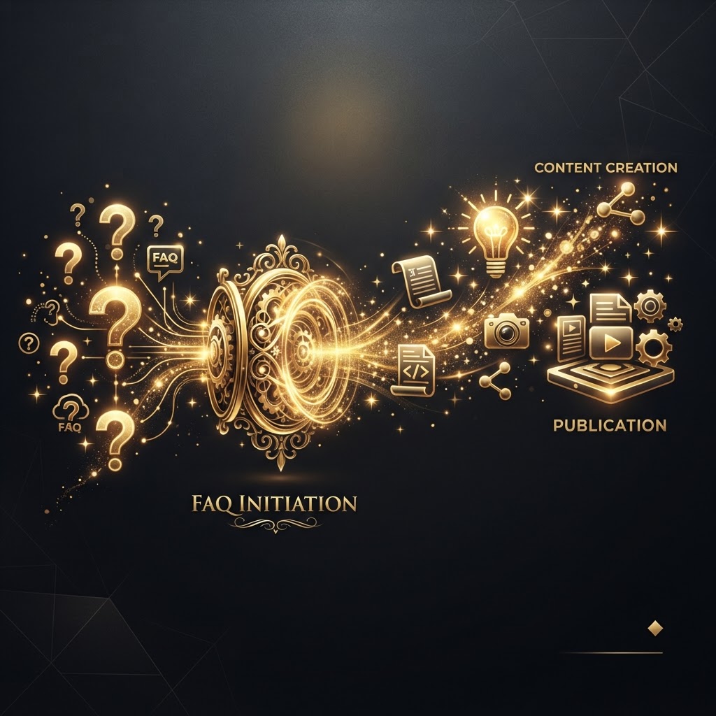 FAQ content creation strategy — golden question marks and document icons with sparkles on dark charcoal representing how to transform FAQs into engaging content