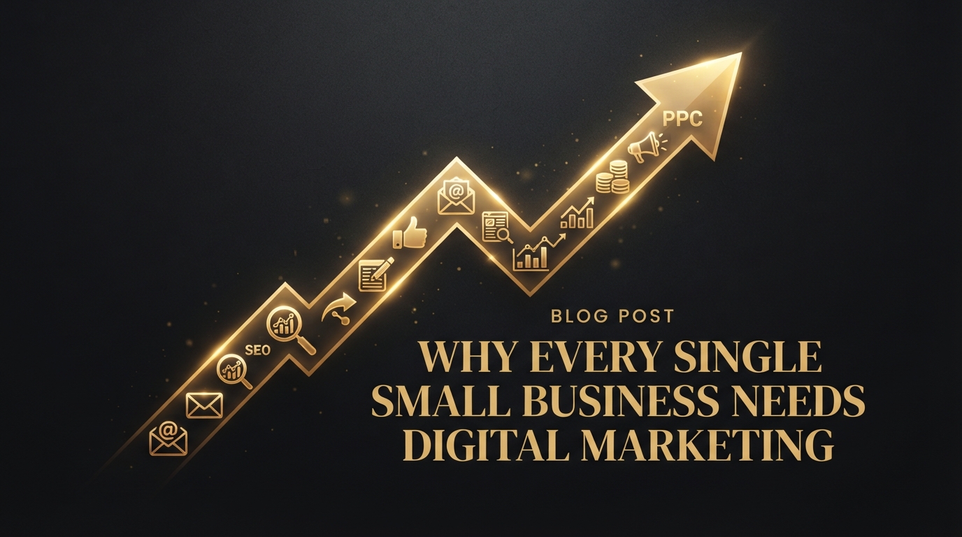 Why Every Single Small Business Needs Digital Marketing — golden digital marketing icons including email, SEO, social media, analytics and ads arranged in an upward-trending pattern on dark charcoal representing the essential channels of digital marketing