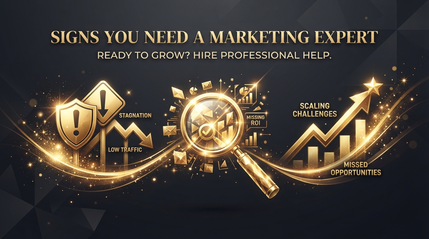 7 Signs You Need A Marketing Expert — golden warning signs and growth chart with sparkles on dark charcoal representing when to hire professional marketing help