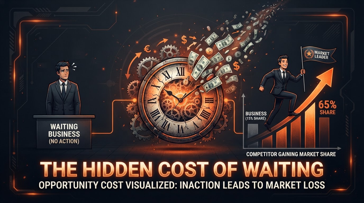 Hidden cost of waiting concept showing a clock with money flying away, opportunity cost visualization, competitor gaining market share while business waits, on dark charcoal background with ember-orange accents