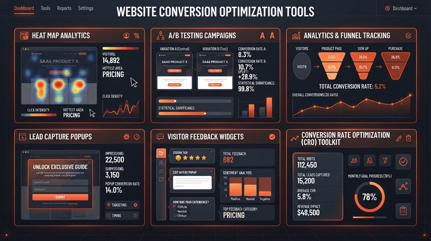 Website conversion optimization tools dashboard showing heat maps, A/B testing, analytics charts, lead capture popups and visitor feedback widgets on dark charcoal with ember-orange accents