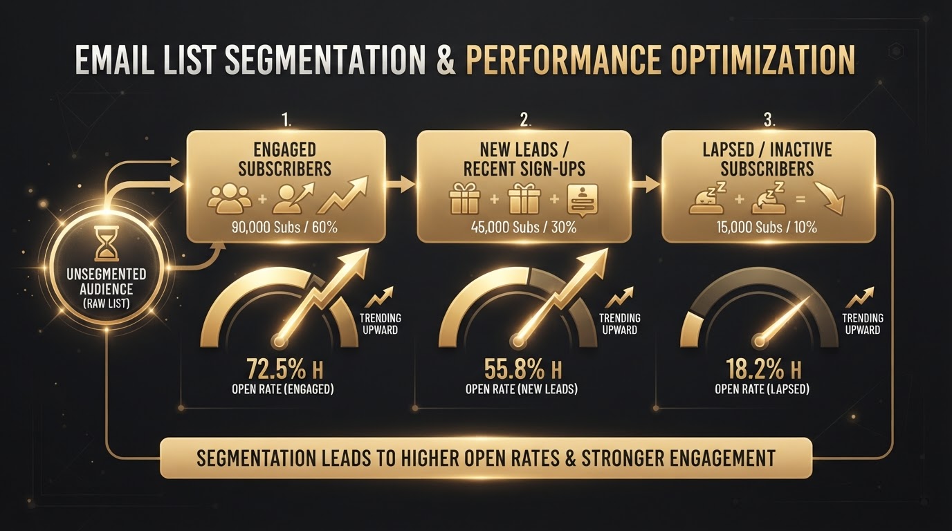Golden email list segmentation diagram with subscriber groups and golden open rate percentage gauges trending upward on dark charcoal representing email list maintenance and engagement optimization