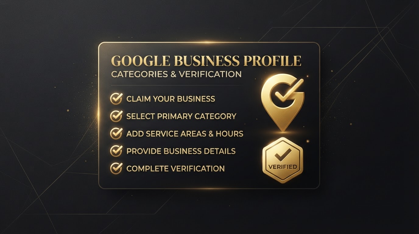 Google Business Profile checklist showing golden checkmarks, a location pin, and a verification badge representing common profile setup and optimization steps