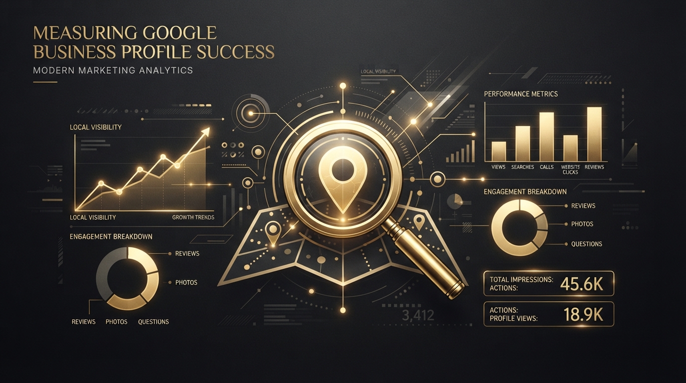 How To Measure Your Google Business Profile Success — golden analytics dashboard with charts and map pin on dark charcoal representing GBP performance tracking