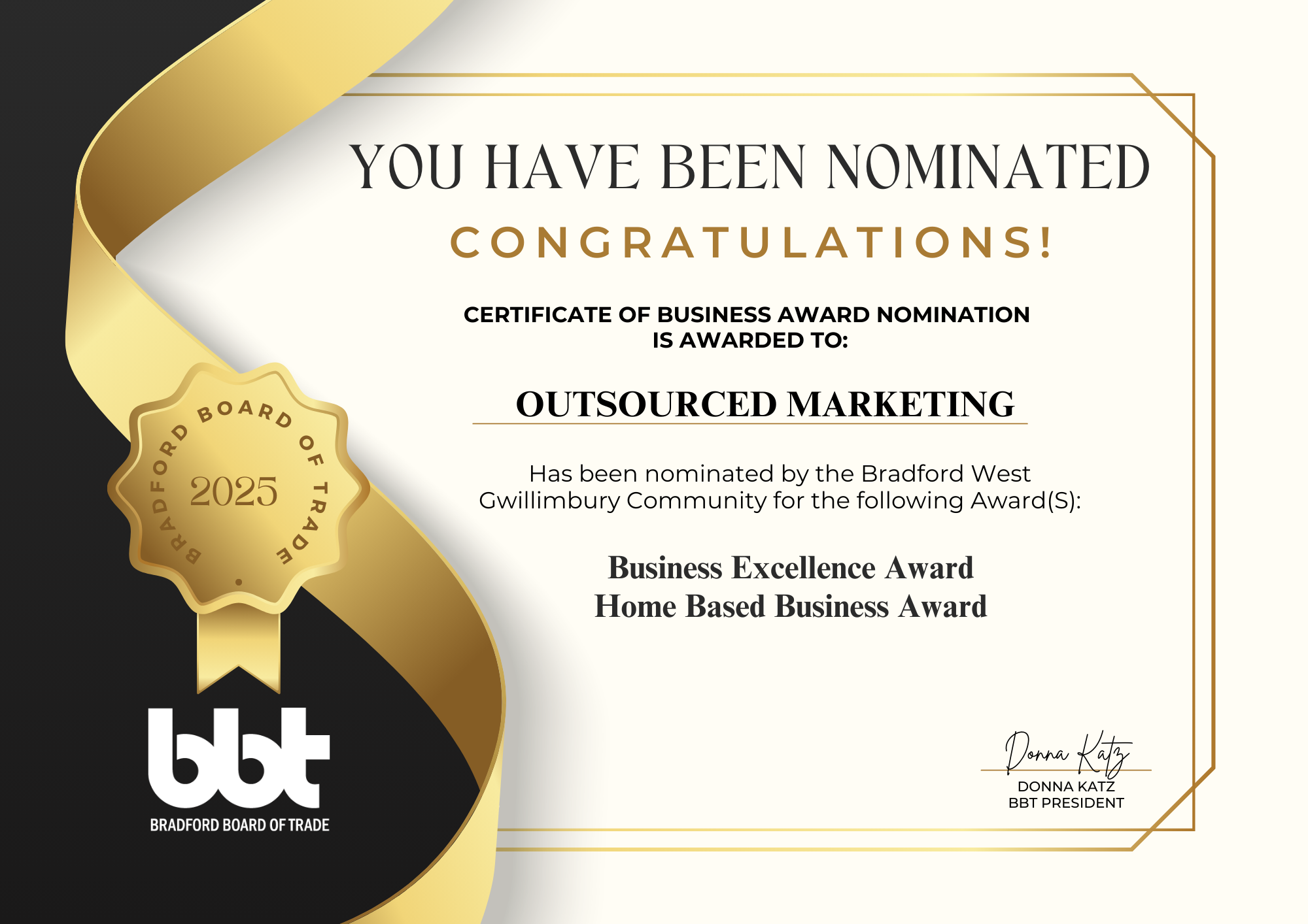 Bradford Board of Trade 2025 - Business Excellence & Home Based Business Award Nomination