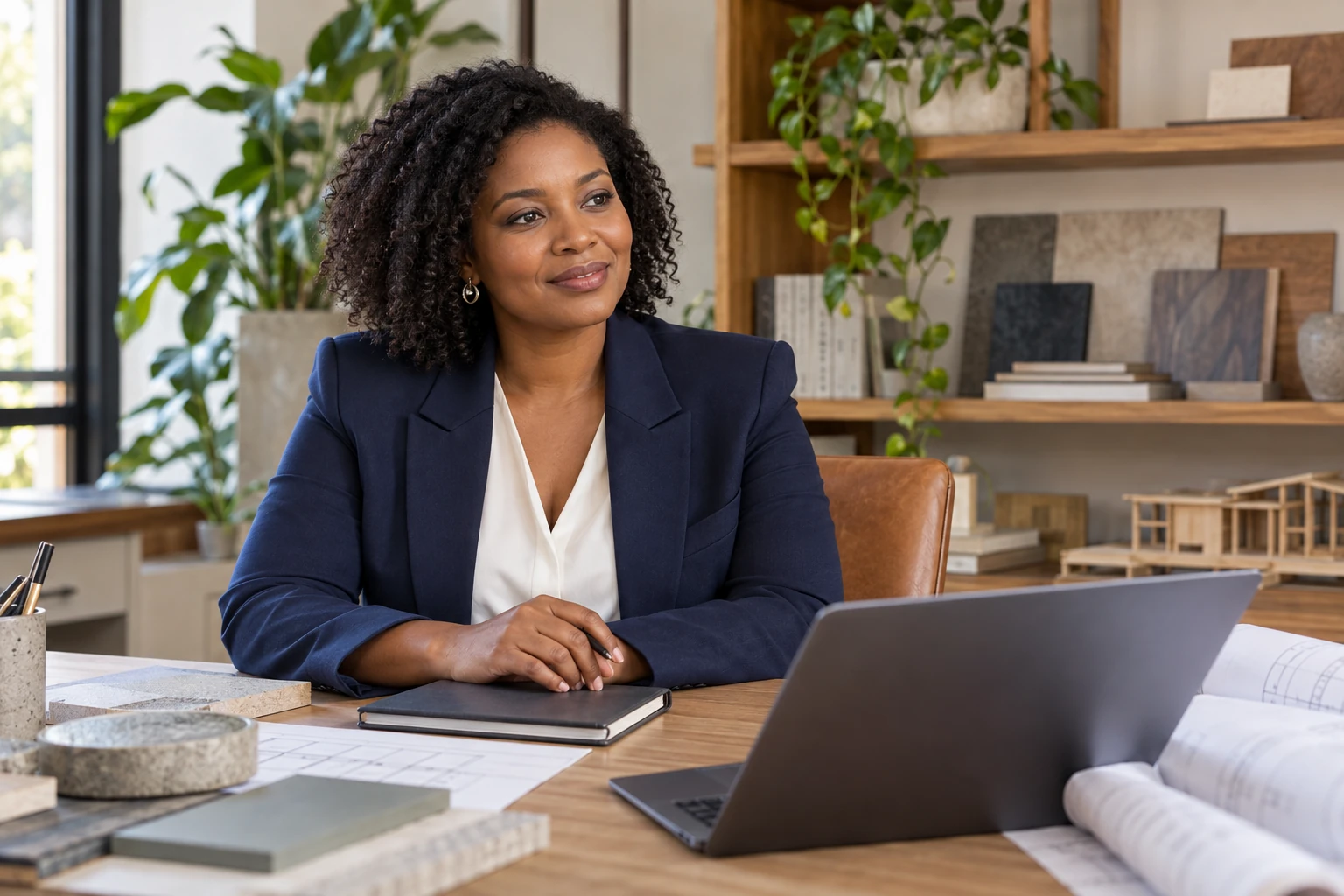 Professional business owner in her office consulting digital plans on a laptop