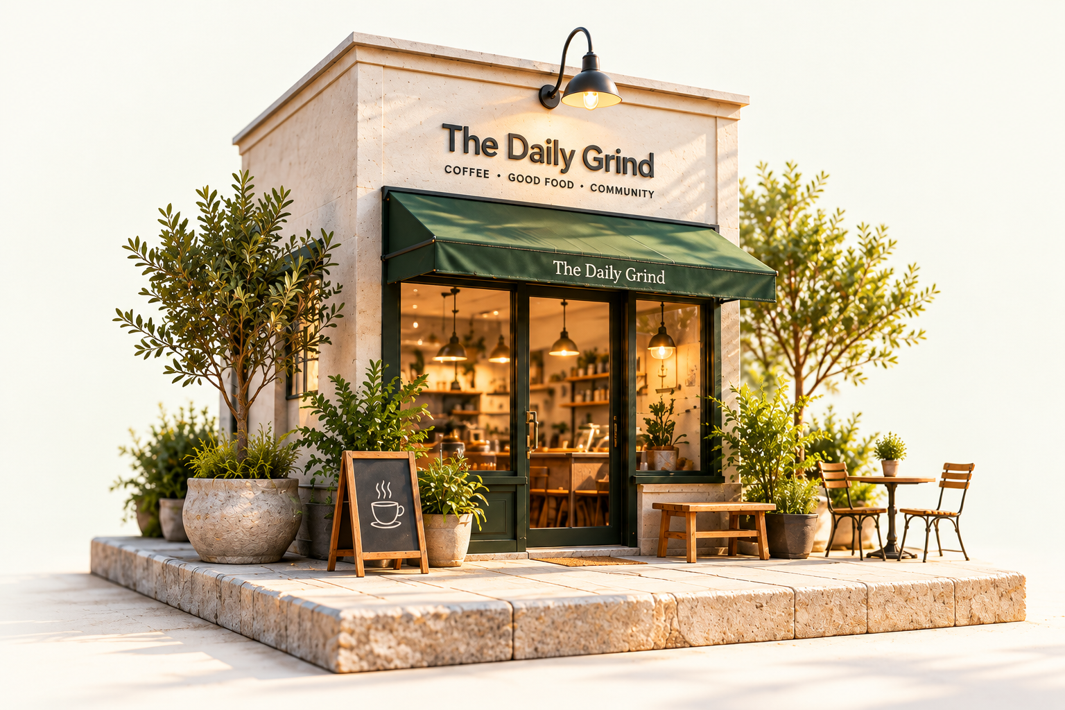 The Daily Grind coffee shop storefront with outdoor seating and clear signage