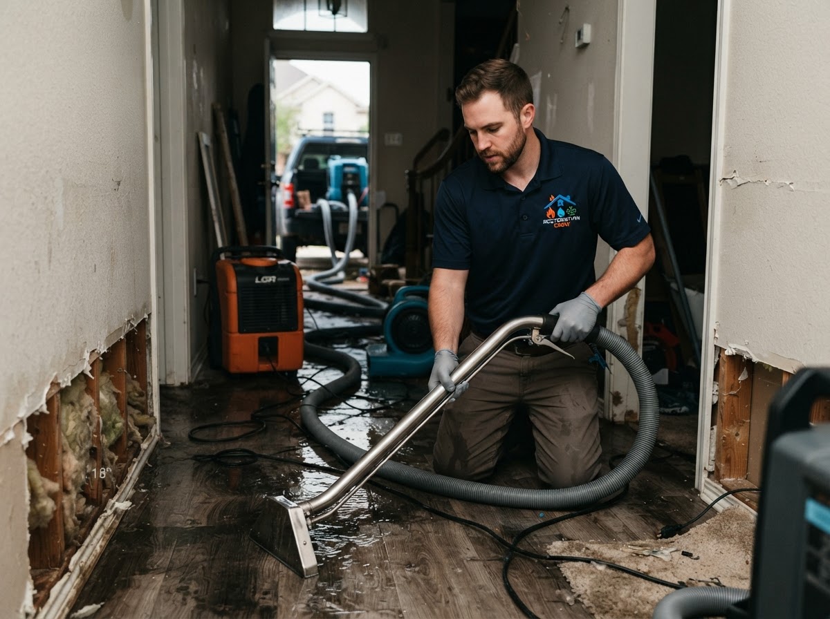 Water damage restoration technician wearing The Restoration Crew branded uniform working in Brickell, FL