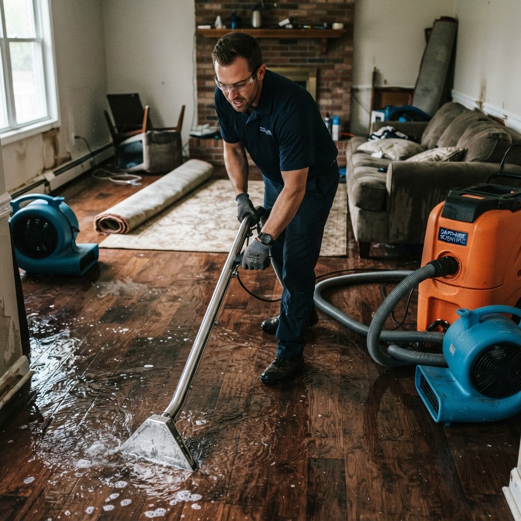 Water extraction equipment removing standing water from a flooded room