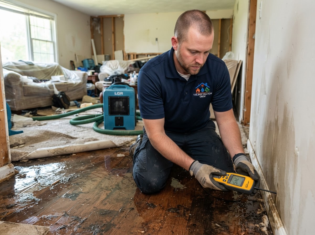 The Restoration Crew technician wearing a branded uniform inspecting water damage with professional moisture detection equipment