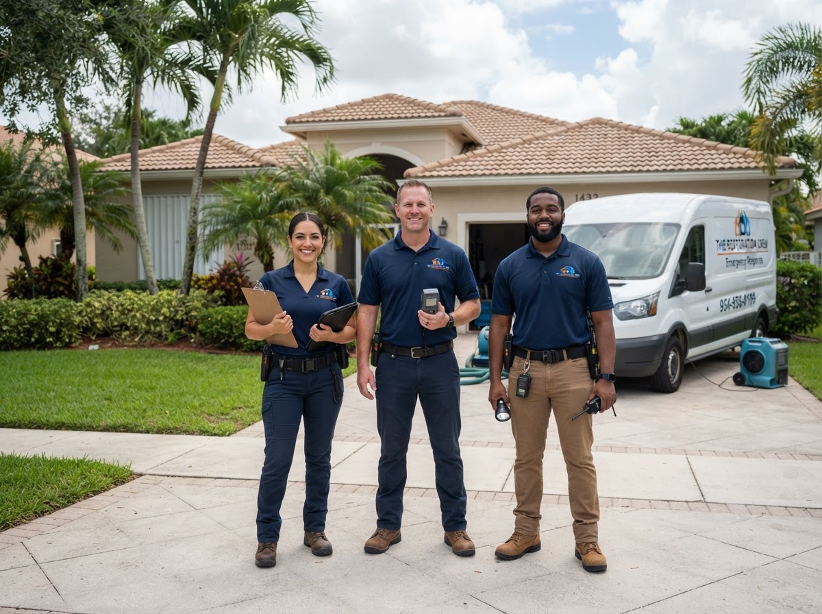 The Restoration Crew team of professional restoration technicians wearing branded navy uniforms