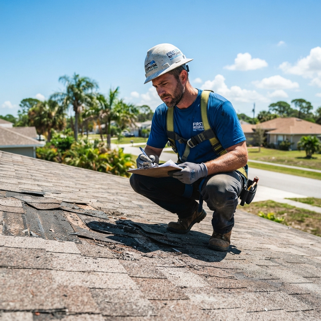 Crew member inspecting a roof for storm damage with a clipboard