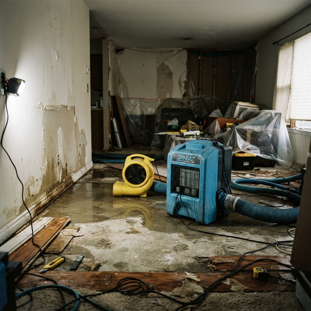 Professional dehumidifiers and air movers drying a water-damaged room