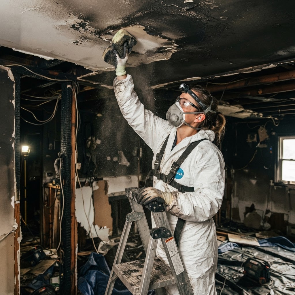 Technician cleaning soot from a ceiling after fire damage
