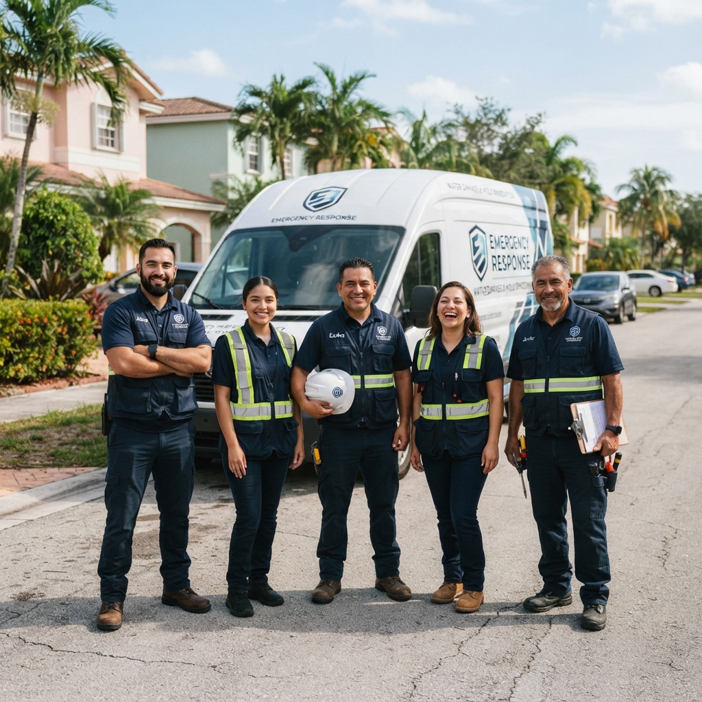 The Restoration Crew team in front of a service van in Hialeah