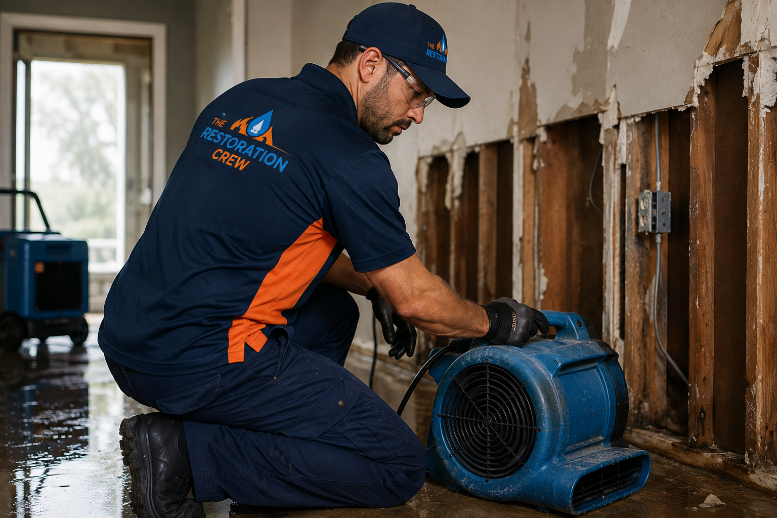 The Restoration Crew technician wearing a branded uniform responding to emergency water damage in a flooded South Florida home