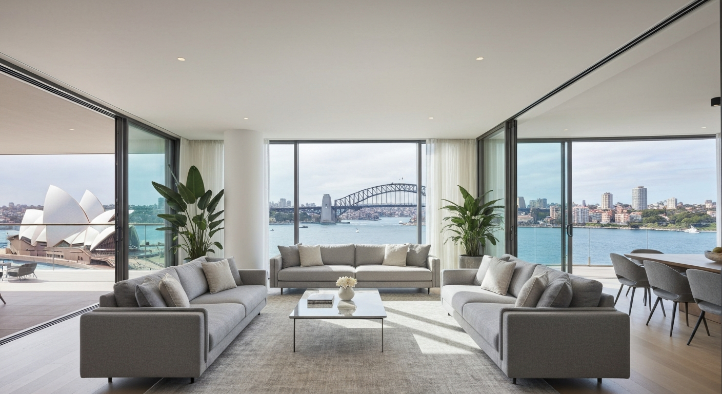 Luxury living room with Harbour Bridge and Opera House views, facilitating downsizing and estate transitions.