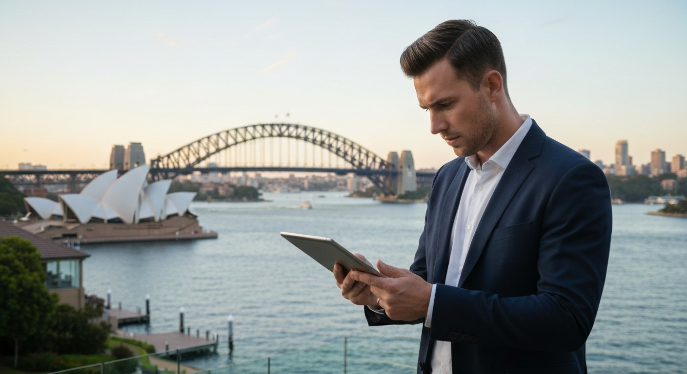 Jack Tinworth reviewing property appraisal details with Sydney Harbour Bridge and Opera House in background.