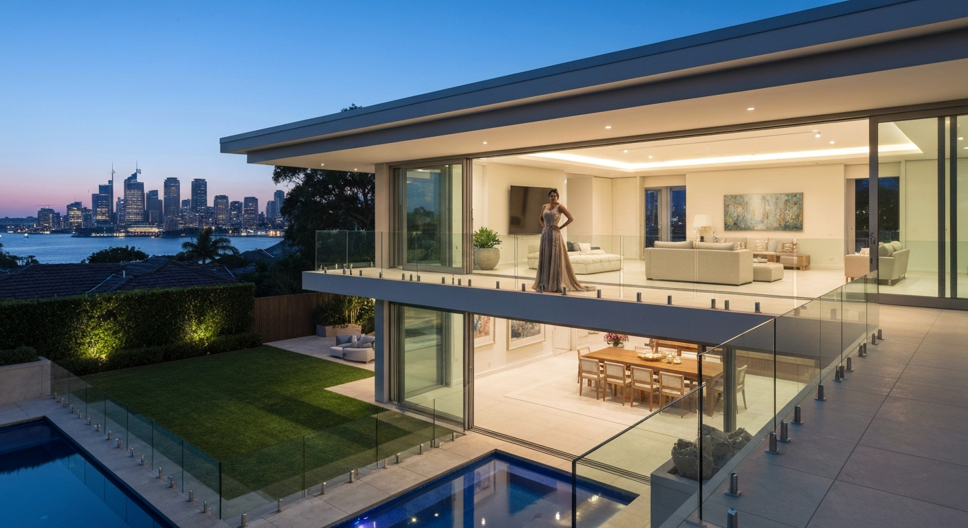 Luxury waterfront property in Hunters Hill with city skyline view and modern interior design.