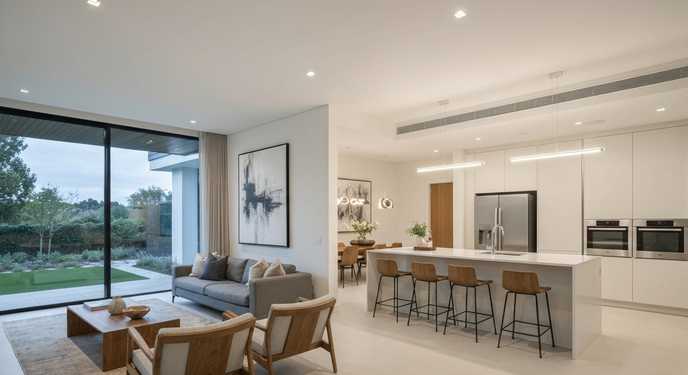 Modern living area and kitchen with large windows, showcasing high-quality residential property management.