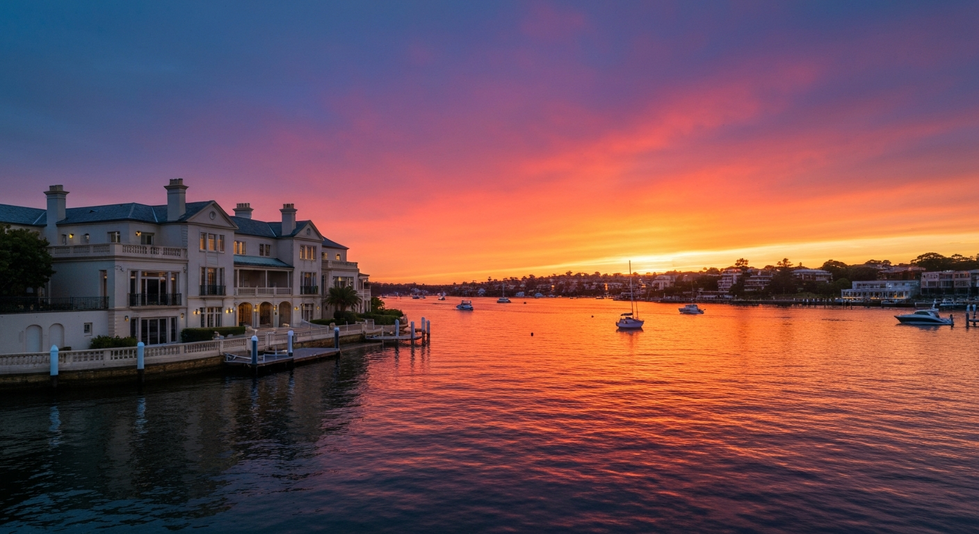 Luxury waterfront property and boats at sunset in Hunters Hill, NSW.