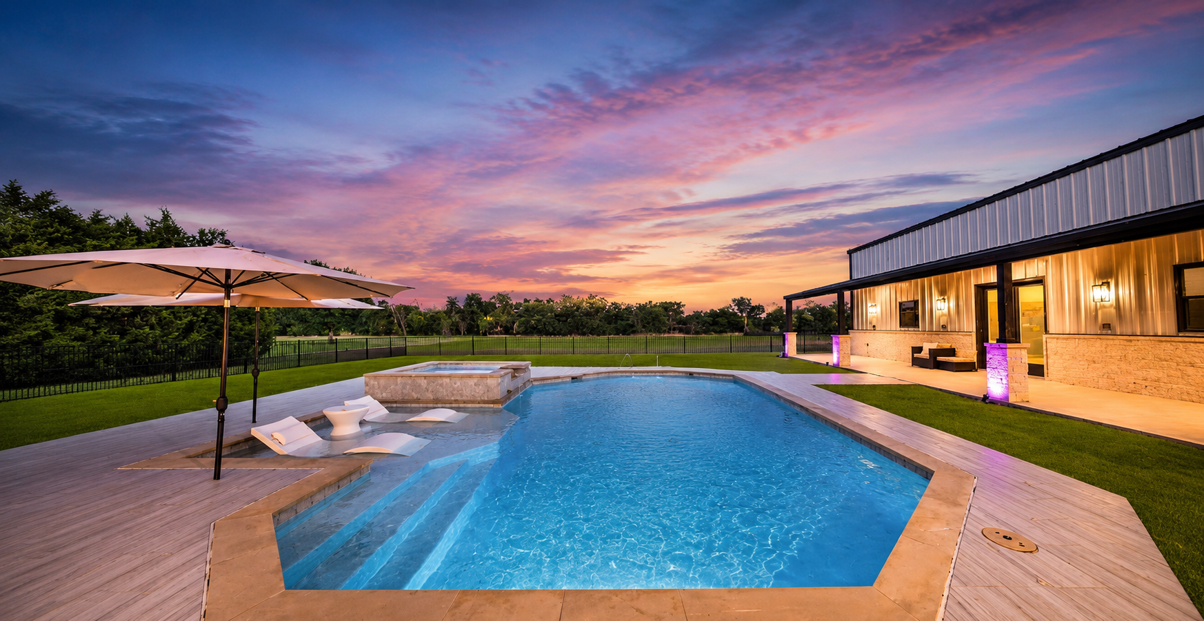 Luxury pool and outdoor living area at sunset in Rockwall, Texas