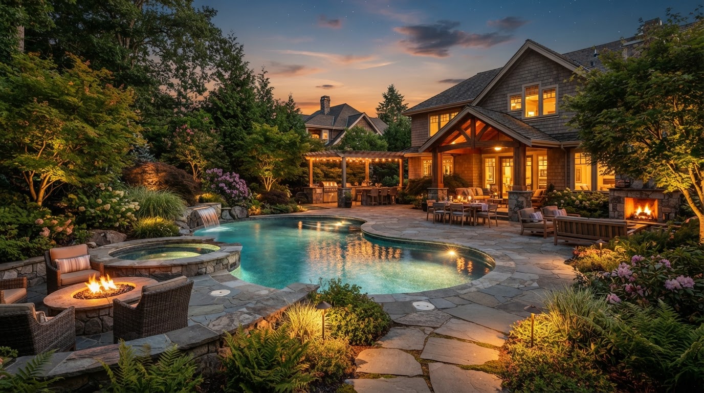 Completed luxury backyard with pool and hardscape